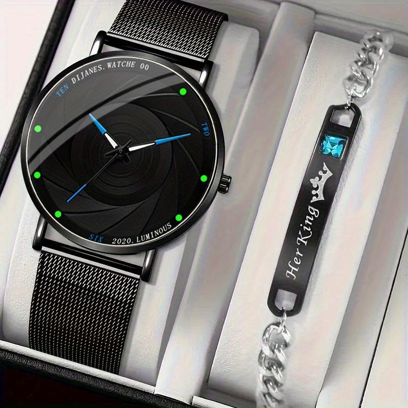 DIJANES 2pcs/set Men's Business Minimalist Quartz Watch Stainless Steel Mesh Band Wrist Watch & Her King Bracelet, Valentine's Day Gift For Him
