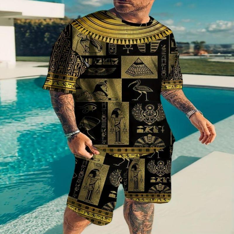 Summer Fashion Men's Suit Casual Ethnic Style 3D Printed Sportswear Short-sleeved Suit Oversized Round Neck T-shirt Shorts 2-piece