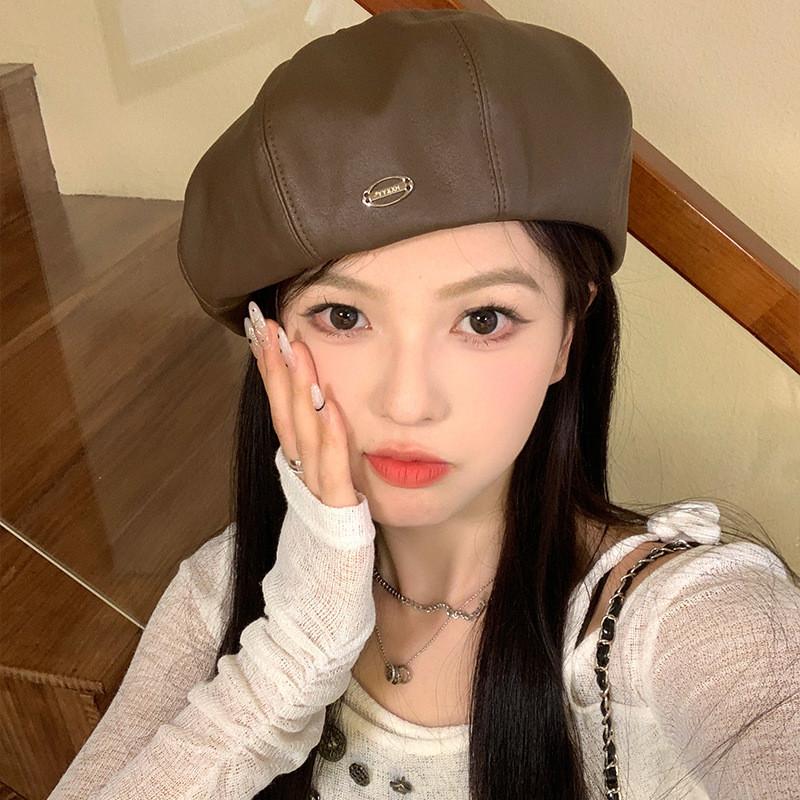Leather Pu Chic Beret Cap For Women In Trendy Brown Black And Beige Colors Perfect For Fashion Lovers In Spring Autumn