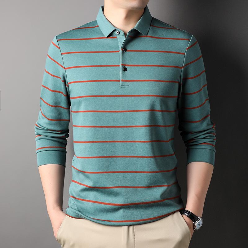 

Осенняя мужская повседневная футболка с длинными рукавами и лацканами для отдыха среднего возраста, полосатая хлопковая нижняя рубашка, новая мужская рубашка поло L
