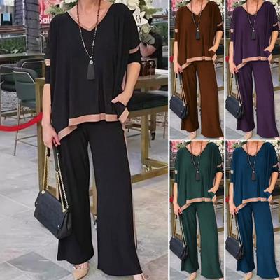 2 Pcs/Set Women Top Pants Set V Neck Three Quarter Sleeves Sweatshirt Elastic
