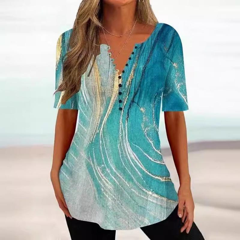 

Летняя свободная рубашка с V-образным вырезом и короткими рукавами, плиссированная, на пуговицах, для женщин Футболки женские L небесно-голубой