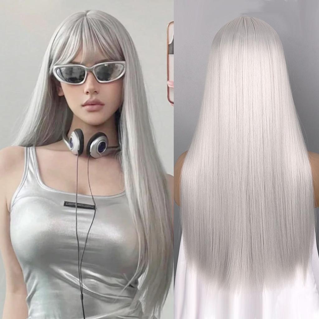 Parrucche Sintetiche Lisce con Frangia Capelli Lunghi Setosi Resistenti al Calore Parrucca Completamente Meccanica Parrucca per Cosplay Festa per Donne alla Moda
