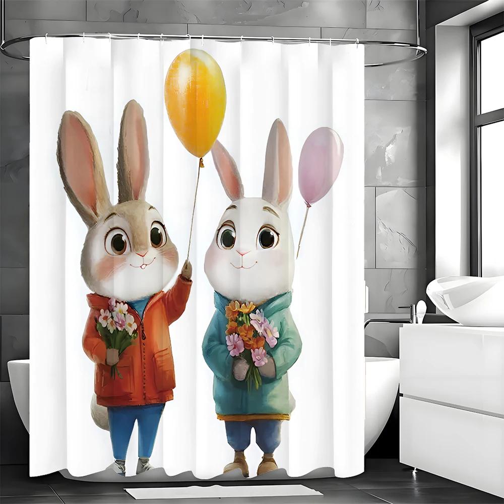 Cute Rabbit Balloon Floral Shower Curtain, Bathroom Decorative Shower Curtain, Waterproof Shower Curtain With Hooks W60H190(CM)-1 Pcs