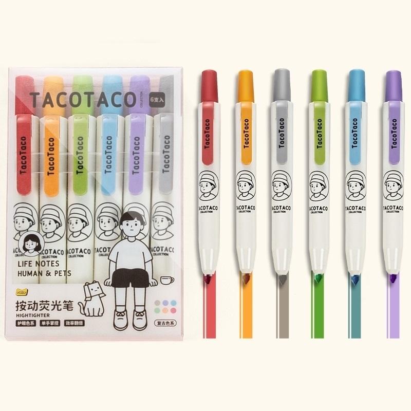 

6 шт., набор ручек-хайлайтеров цвета тако, мультяшный человек и домашние животные, художественный маркер для рисования, живописи