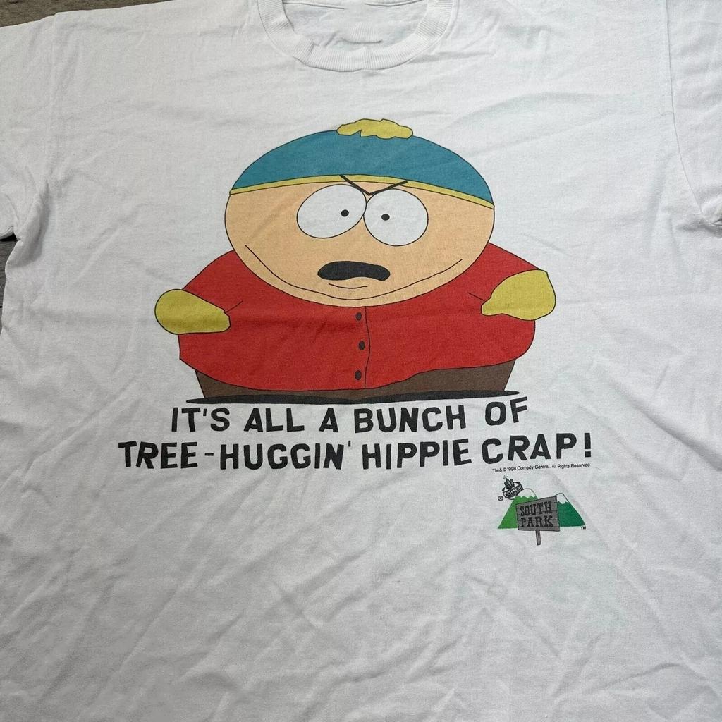 South Park Cartman T-Shirt Tree Hugin Hippie Crap Graphic 1998 White Mens S-5XL