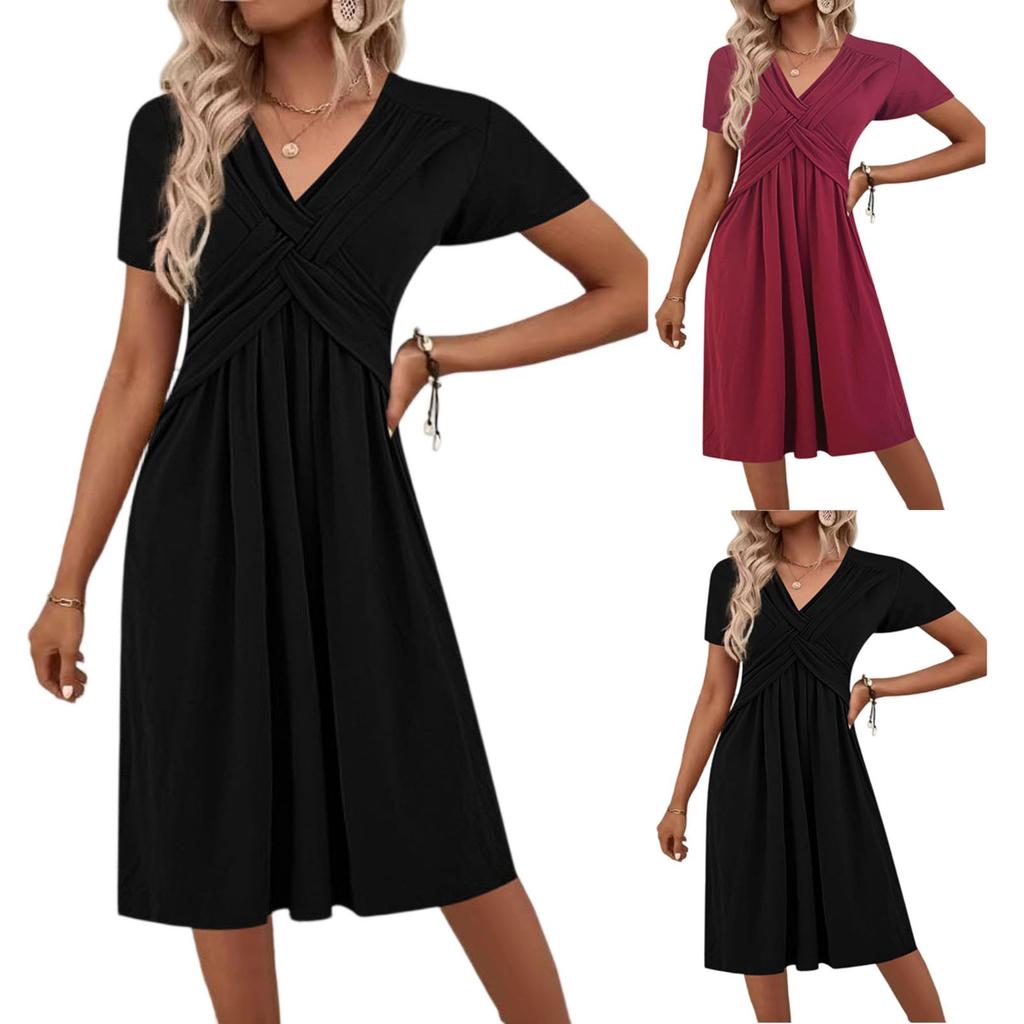 Women's Short Sleeve Dress Casual Plus Size V Neck Dress Flowy Beach Sundress With Pockets