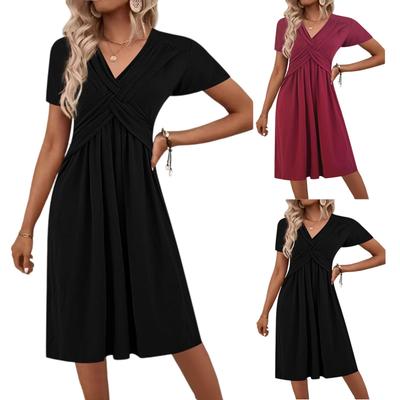 Women's Short Sleeve Dress Casual Plus Size V Neck Dress Flowy Beach Sundress With Pockets