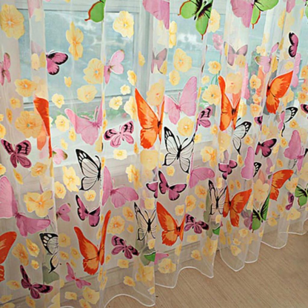 Curtains, 2Pcs 39.4x78.8 Butterfly Patterns Flocking Voile Tulle Window Curtain Sheer for Girl Room - Colorful