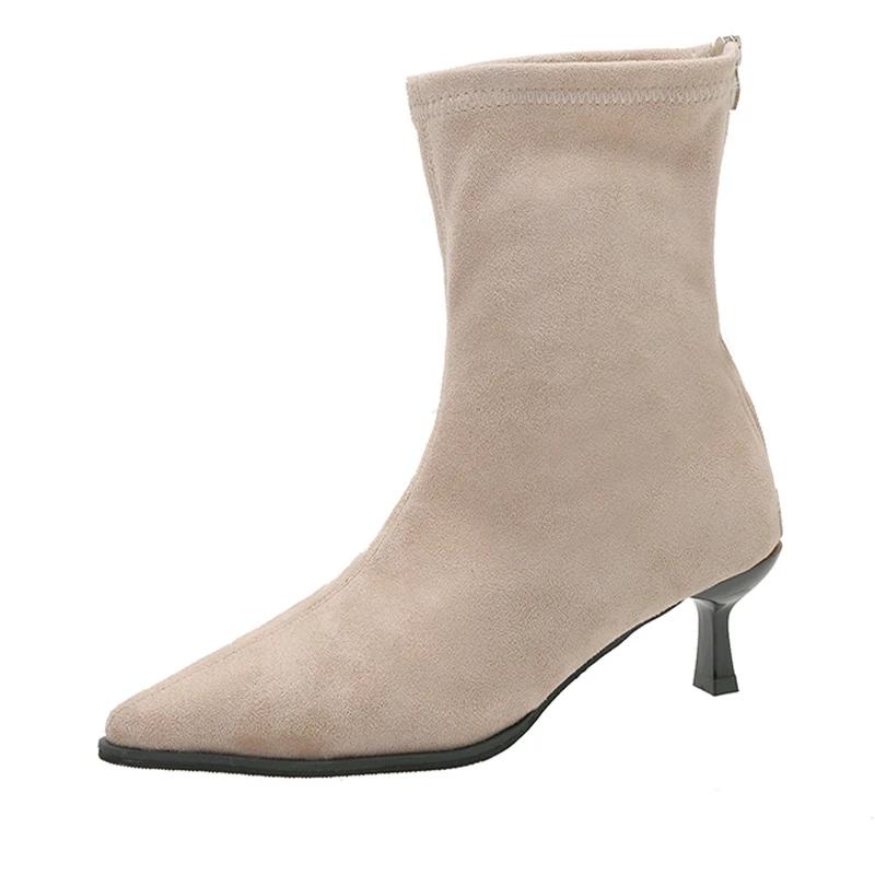 Cizme de gleznă cu toc înalt pentru femei, cu vârf ascuțit, Chelsea din piele întoarsă, pantofi de zăpadă, pluș, călduroase de iarnă, femeie 2024, trend, stiletto, sexy, botas mujer