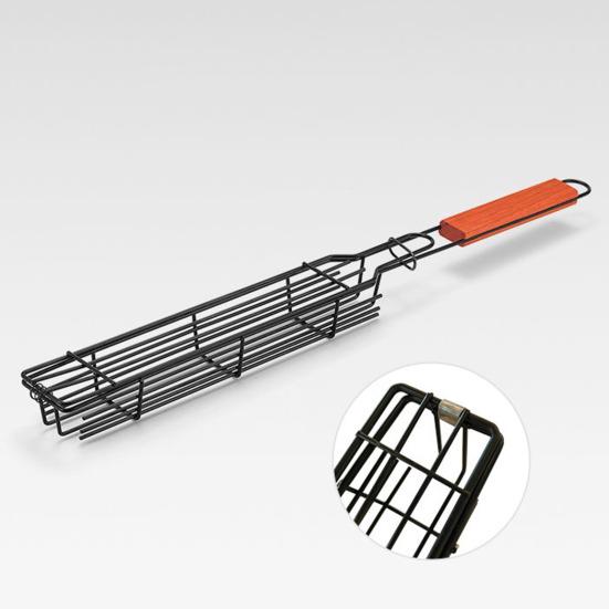Mini Barbecue Grill Basket with Wooden Handles Non-Stick Rotisserie Cage for Chicken Vegetables