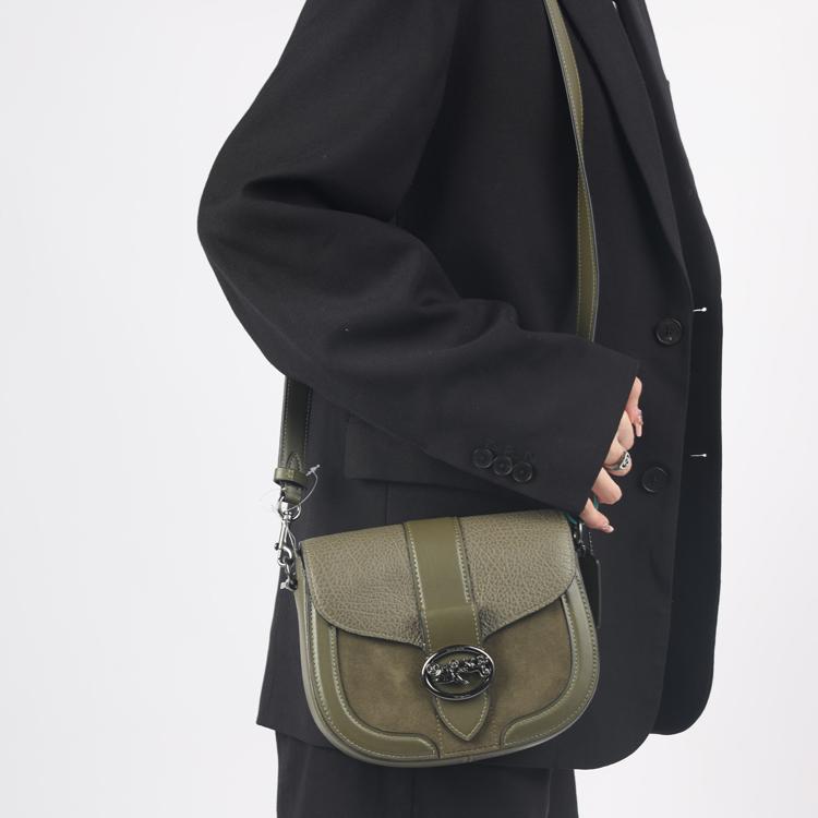 New COACH Georgie Leather Saddle Bag, Bacchus Bag, Shoulder Bag, Crossbody Bag, Shoulder Bag Small Women's Olive Green C2805-QBDB7