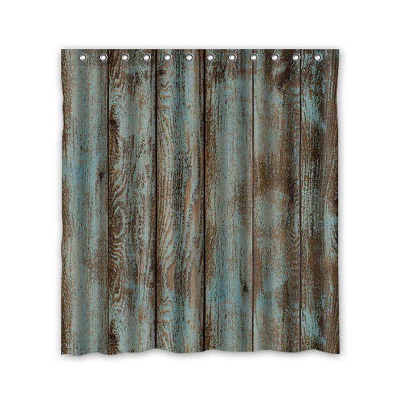 Cortina Rústica de Chuveiro Padrão Porta de Celeiro de Madeira Cortina de Banho Impermeável com Ganchos