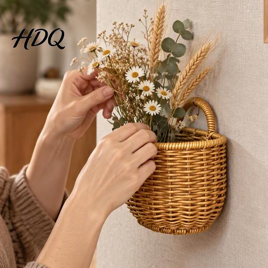 Kitchen Spice And Egg Organizer Woven Hanging Wicker Storage Basket Wall Mounted Imitation Rattan Organizer Versatile Containers Rustic Style