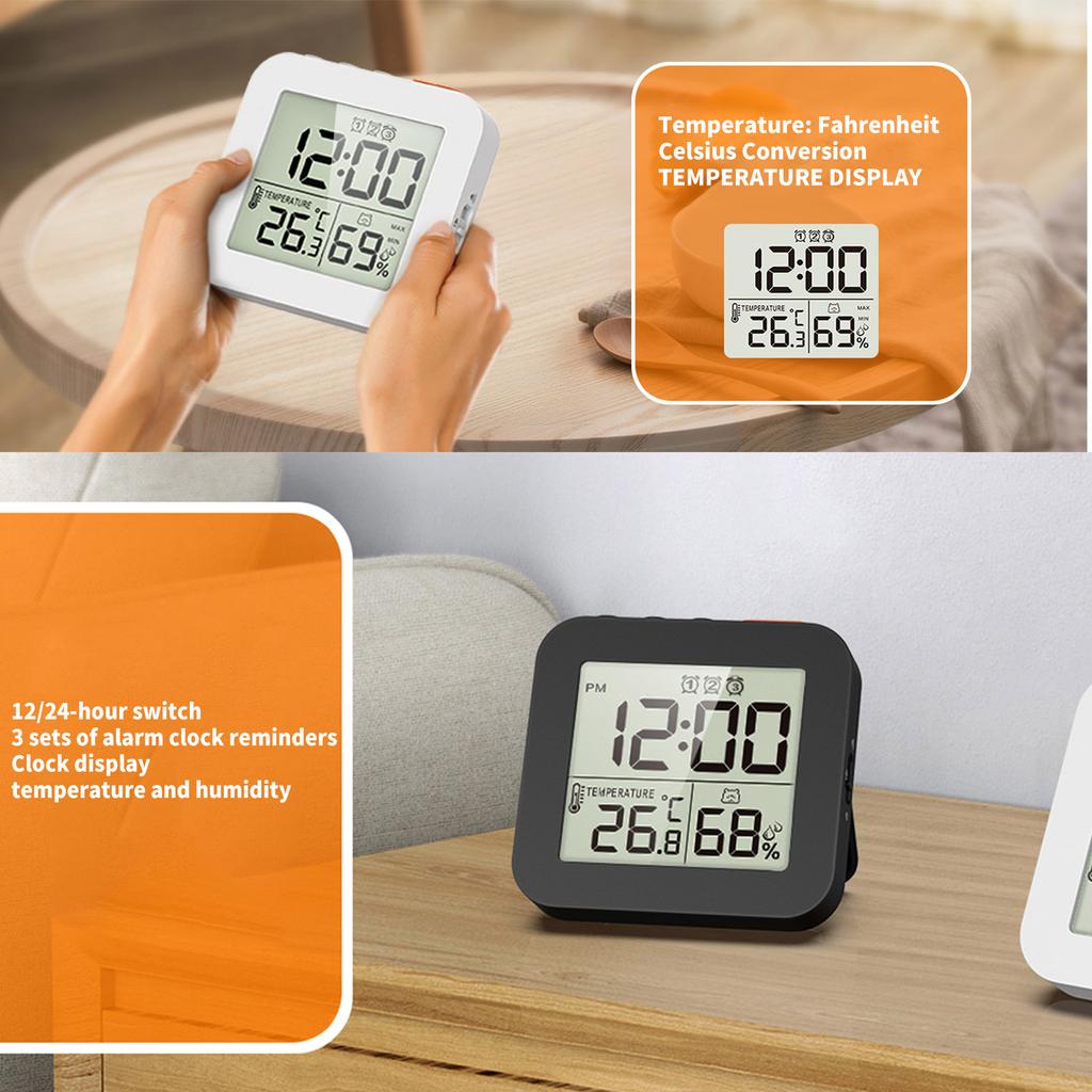 3 Alarm Clock With Temperature Humidity Monitor Backlight Snooze Foldable Design Portable LCD Display For Home Office