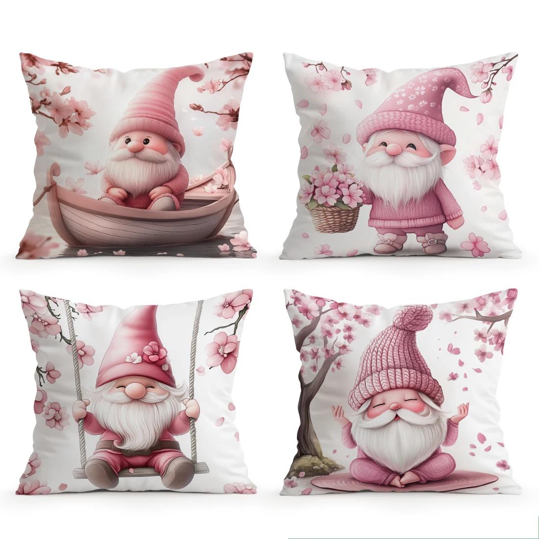 Pink Cherry Blossom Dwarf Cushions Pillowcase Polyester Cushion Cover Throw Pillow Pillowcover Home Car Sofa Decor 4PCS
