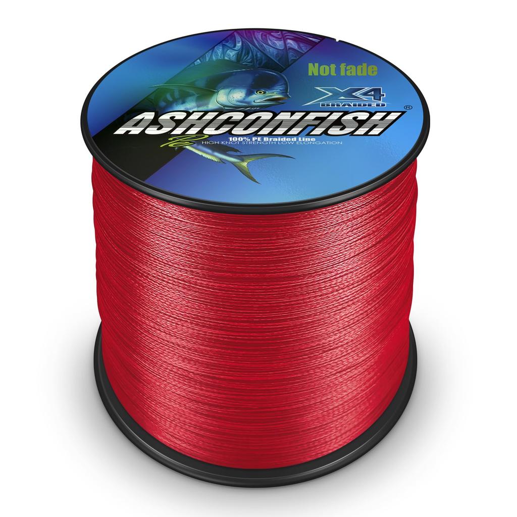 Ashconfish "Colorfast" PE 4-strand Fishing Line, 1000m, Ultra-Strong, High Sensitivity, Abrasion Resistant, Low Stretch, Red, Suitable for Boat Fishin