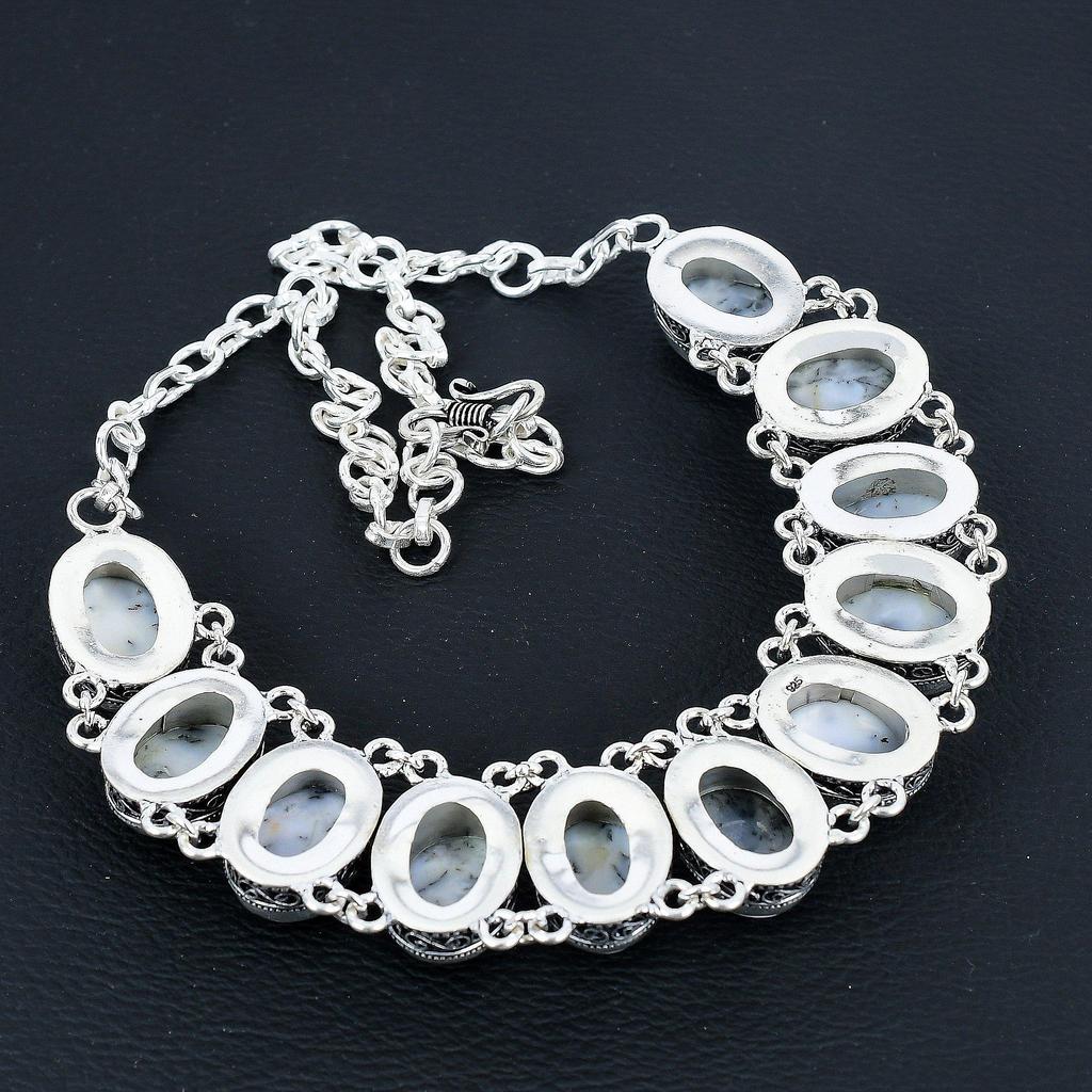 Natural Dendrite Opal Gemstone Handmade 925 Sterling Silver Jewelry Dendrite Opal Neclace Bracelet Set, Antique Jewelry Set, Bracelet For Easter Gift