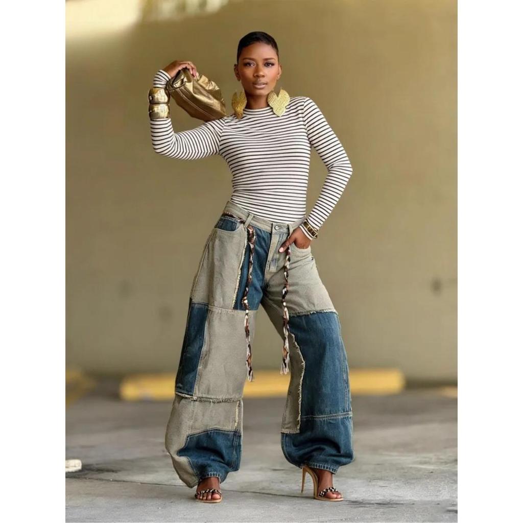 VIONA European Style Two-color Splicing Contrasting Curved Edge with Waist Belt Denim Jeans for Women