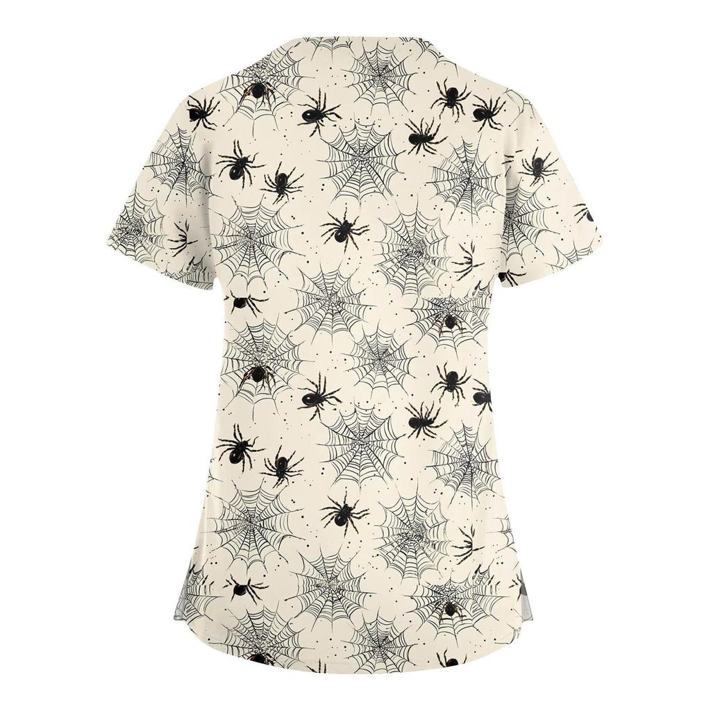 Women's Fashion V-Neck Short Sleeve Overalls With Pockets Halloween Printed Tops  Apparel