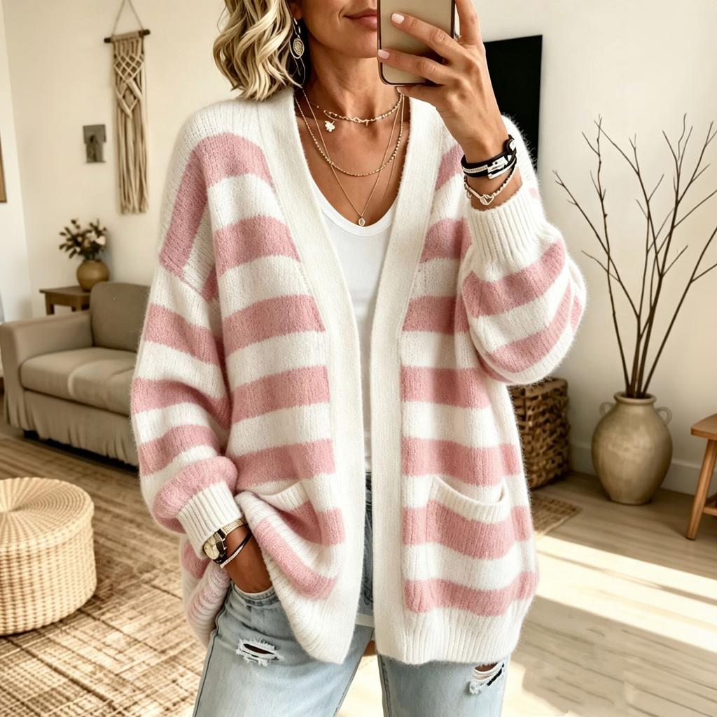 Women's Striped Long Sleeve Open Front Cardigan with Pockets, Loose Casual Jacket Outerwear for Everyday Wear