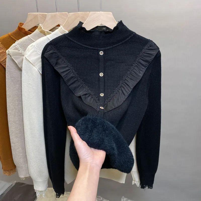 Women Ruffles Lace Patchwork Cashmere Sweater Autumn Winter Casual Knitted Jumpers Long Sleeve Slim Pullovers