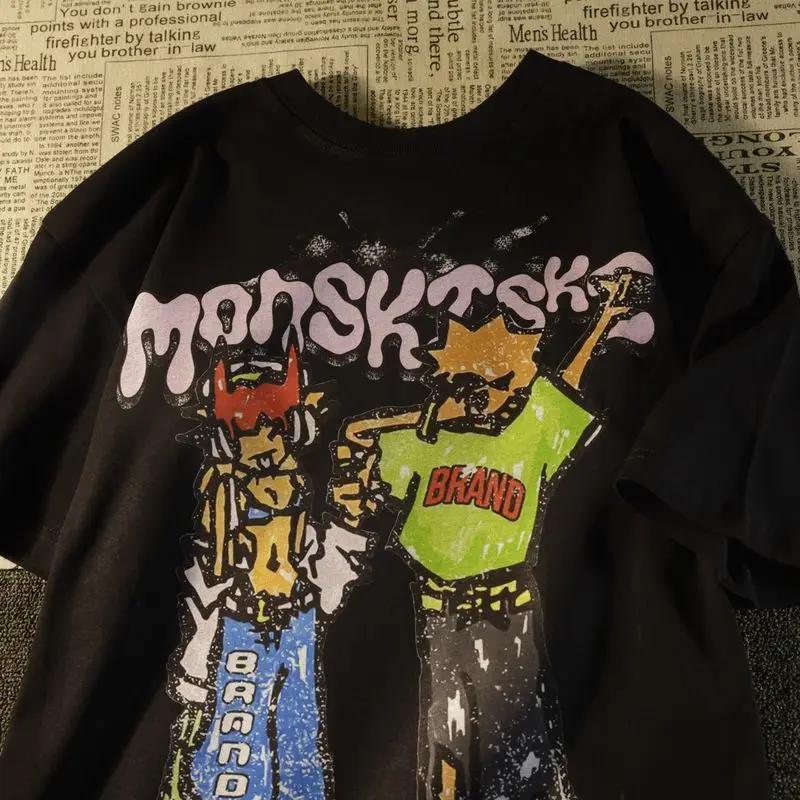 Fashionable American street cartoon printed T shirt men and women summer yk street hip hop loose cotton half sleeved top, S