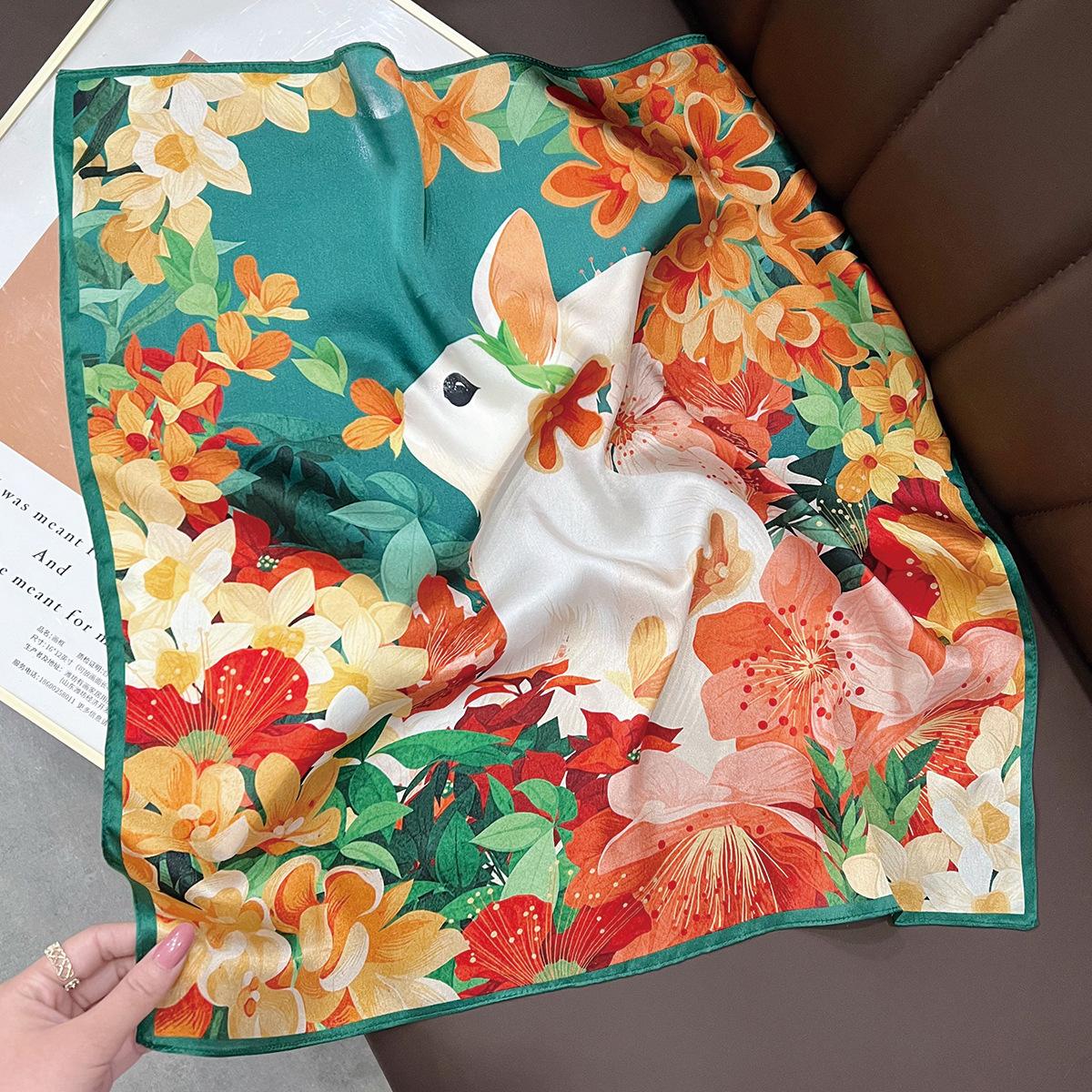 Silk Satin Square Scarf Floral Pattern Elegant Fashion Neck Scarf зелёный