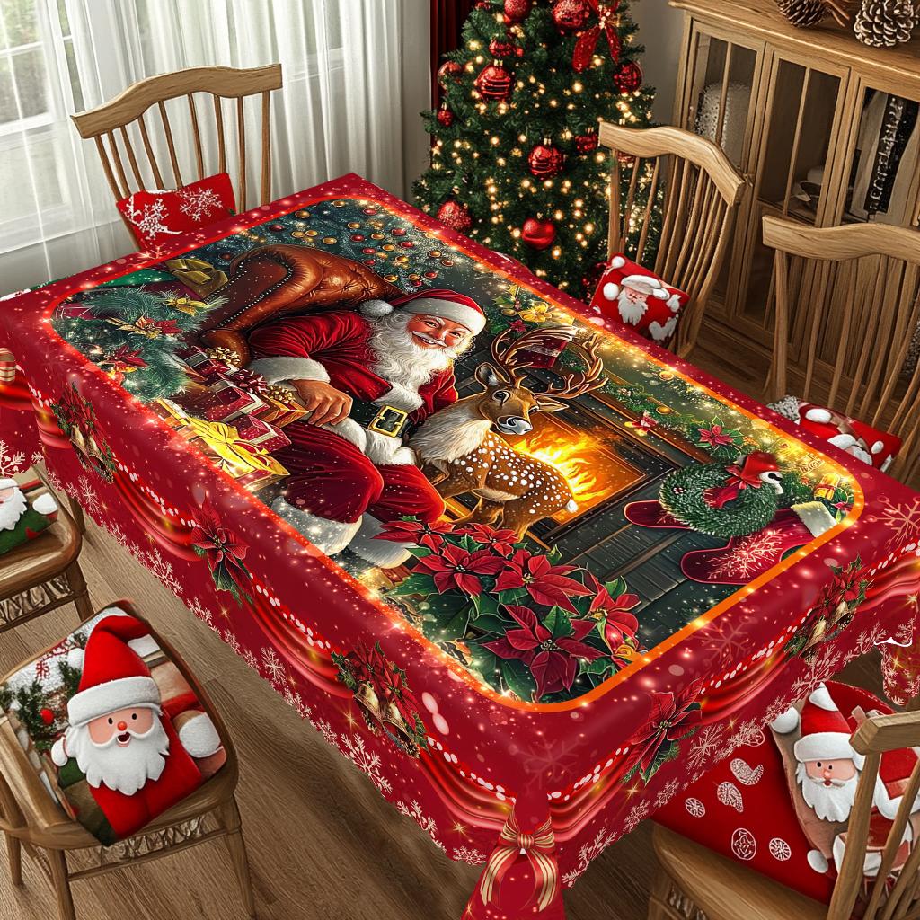 Christmas Vintage Farmhouse Tablecloth with Santa, Reindeer & Xmas Tree Prints. Rectangular & Round Sizes for Xmas/New Year Parties, Kitchen, Indoor &