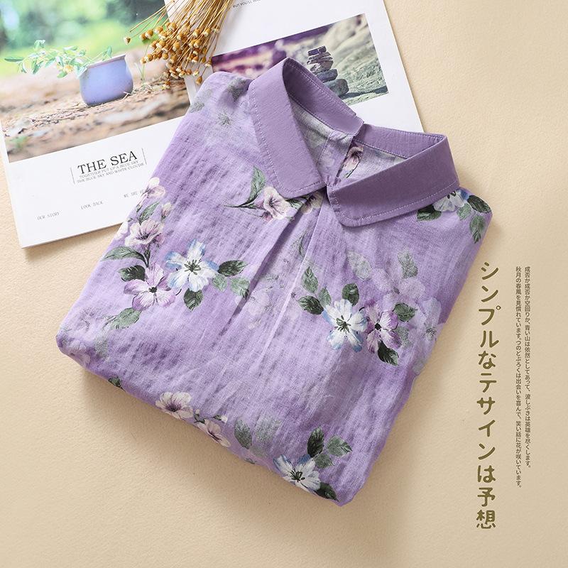 In Stock, Summer Sweet Wind Floral Shirt Women's Cotton and Linen Color Matching Lapel Shirt Loose and Versatile Short-sleeved Top