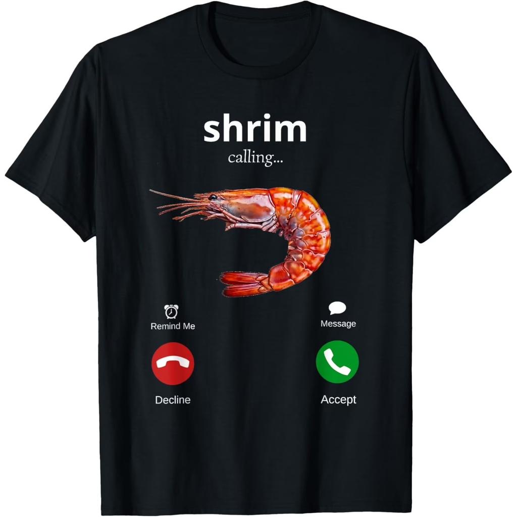 Shrimp Calling Meme Graphic Tee Funny Food Lover Humor Print T-Shirt for Men
