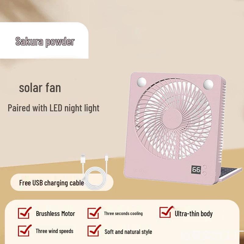 3-Speed Solar-Powered Folding Fan with LED Light for Camping Manual - No Solar розовый