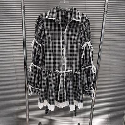 Spring 2026 Elegant Retro Plaid Lace-up A-line Dress