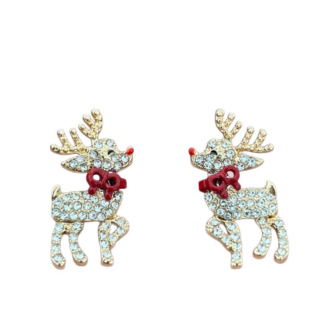 Christmas Reindeer Bow Tie Earrings: Drip Oil & Inlaid Diamonds with Movable Limbs