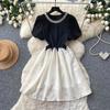 Lady style black waist A-shaped dress women's summer playful short-sleeved diamond collar contrasting color and thin age-reducing skirt