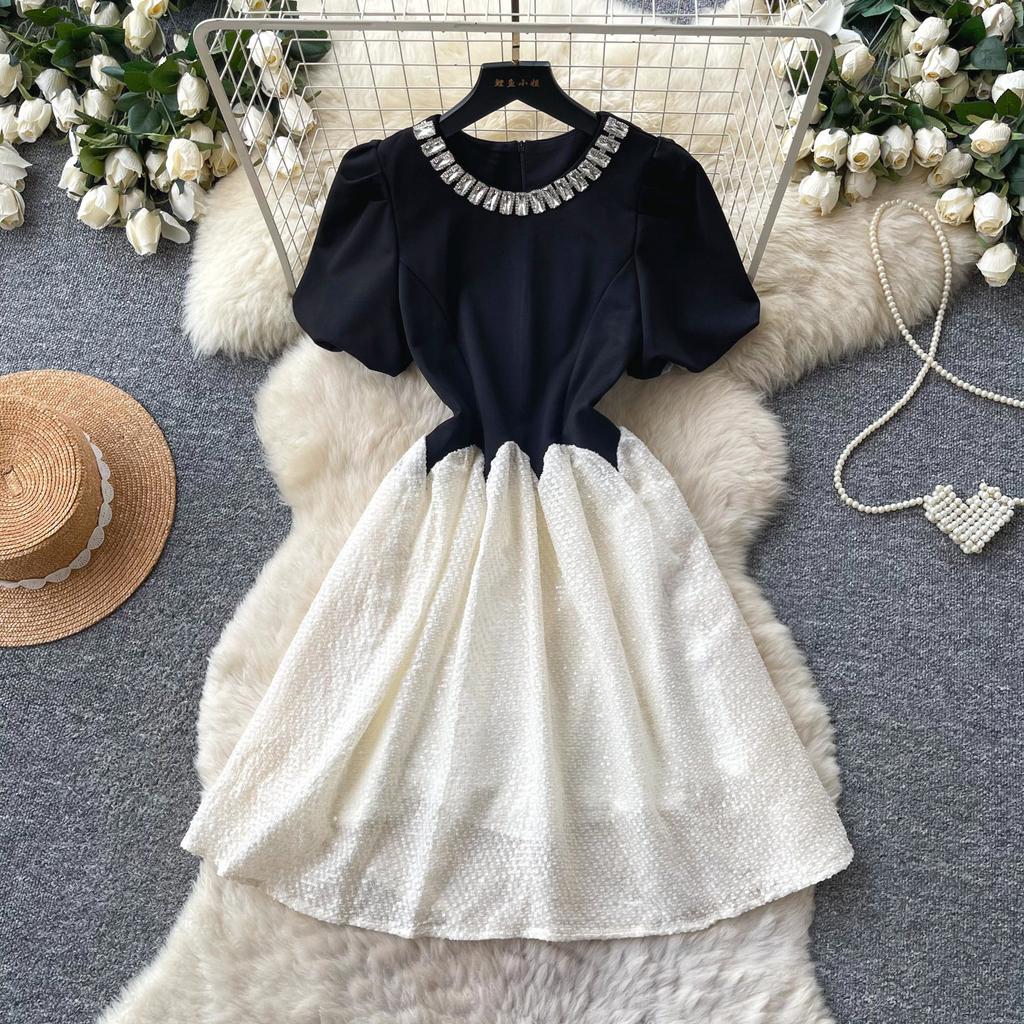 Lady style black waist A-shaped dress women's summer playful short-sleeved diamond collar contrasting color and thin age-reducing skirt