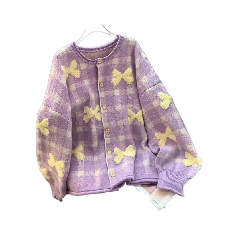 

Осень и зима новый свободный и ленивый клетчатый бант модный повседневный свитер женская куртка повседневный вязаный свитер One size фиолетовый