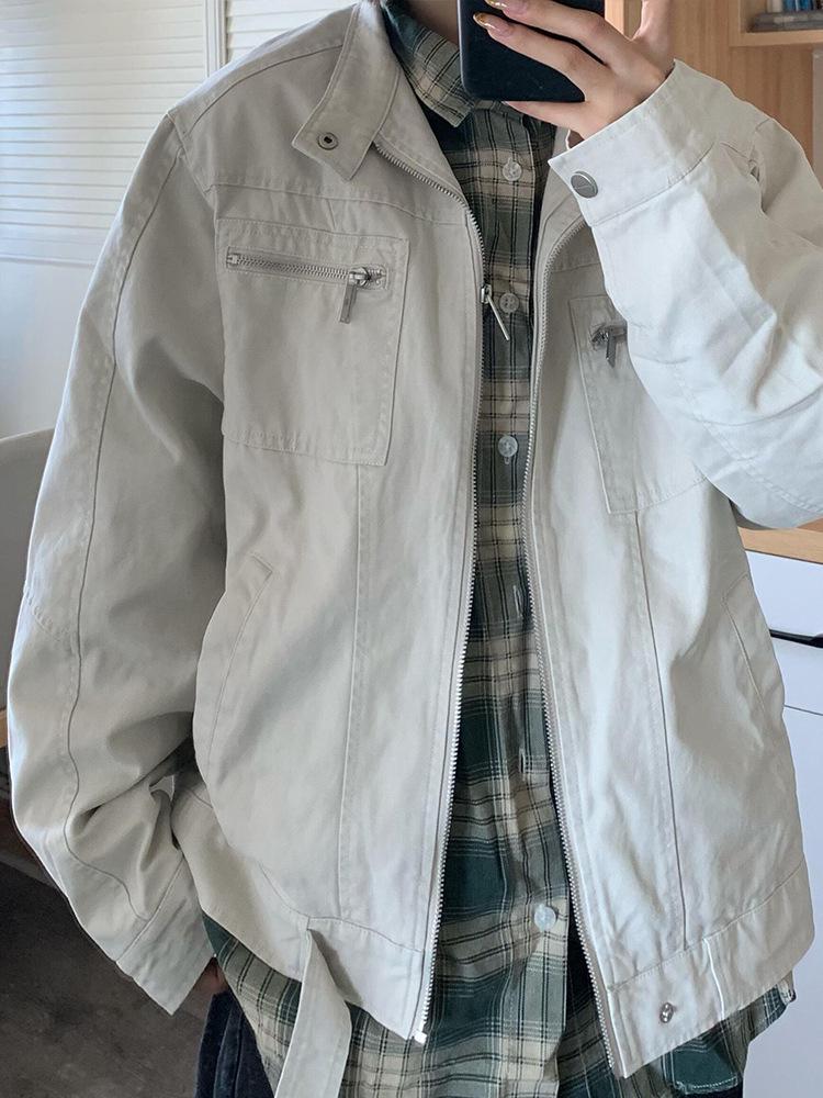 Unisex Washed Canvas Harrington Jacket with Multi-Pocket Stand Collar