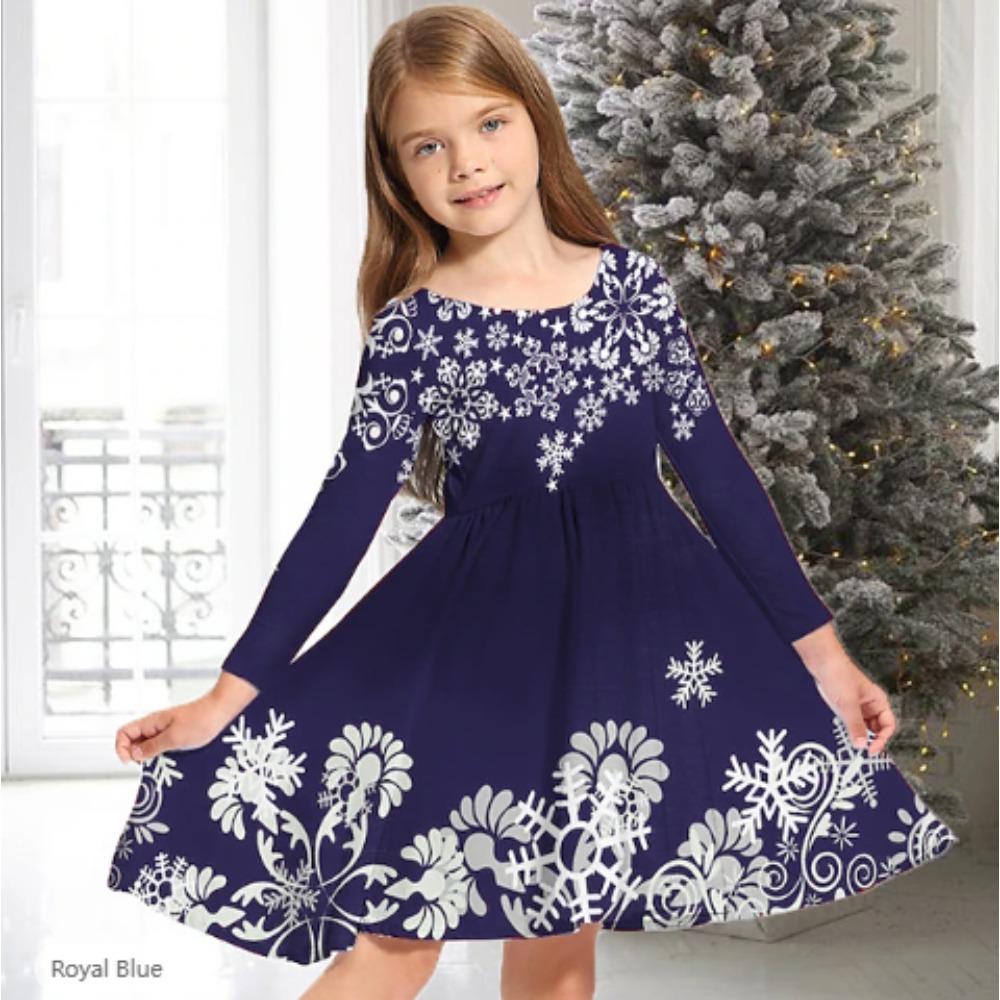 Girl Casual 3D Snowflake Print Round Neck Long Sleeve Dress Kid Princess Dress