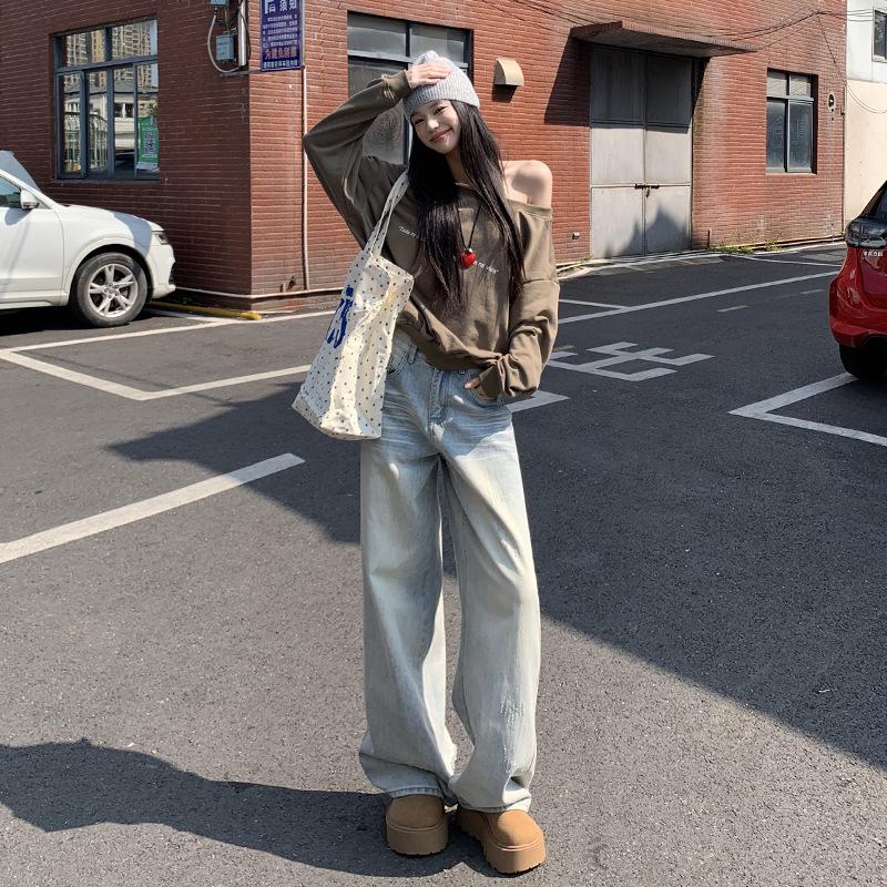 Damskie postarzane retro amerykańskie dżinsy: Jesień 2025 Luźne Szerokie Nogawki z Designem Drapanym
