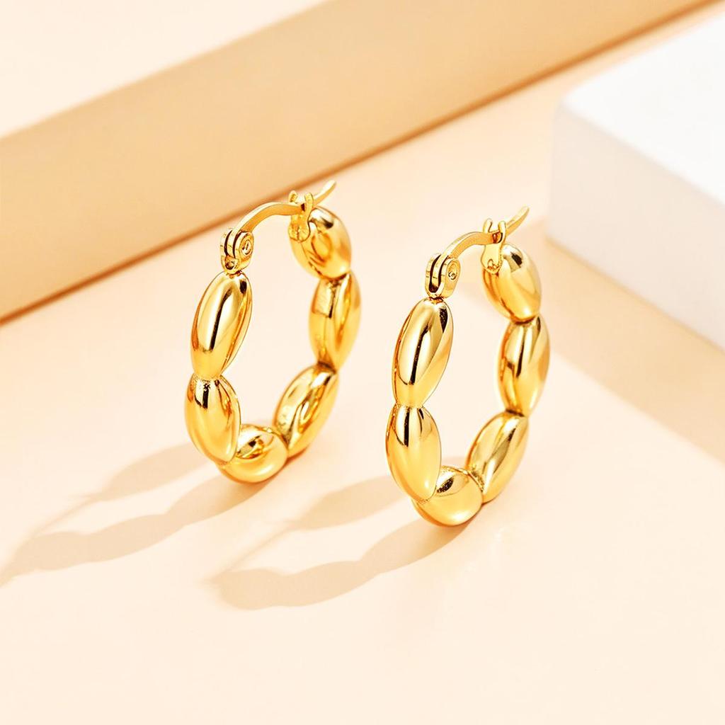 Elegant Geometric Olive Design Stainless Steel Hoop Earrings for Women - Retro Smooth Titanium Steel Jewelry Ear Clips