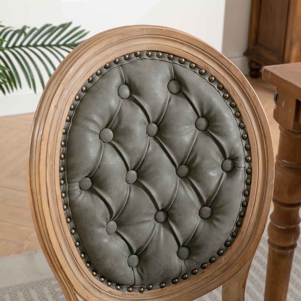 French Country Dining Chairs Set of 2, Solid Wood Frame, Hand Tufted Oval Back, Vintage Sheepskin PU Leather, High Density Foam & Steel Spring Cushion
