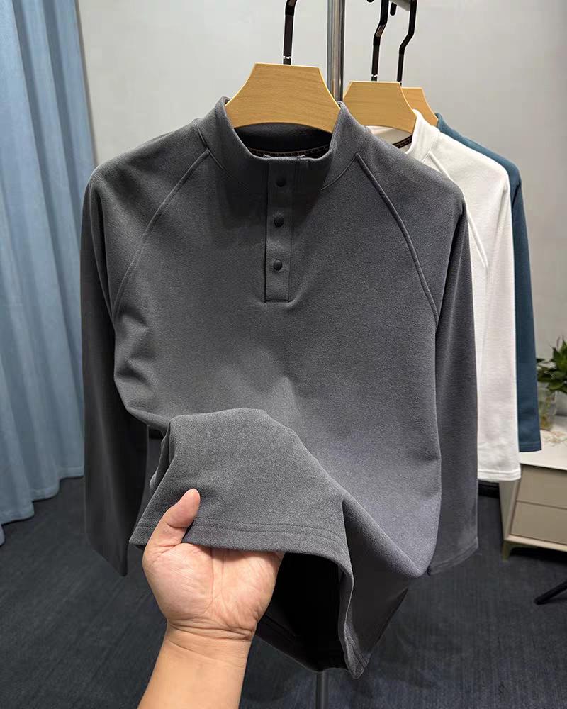 Men's Velvet Collar Henry Long Sleeve Base Layer Shirt - Warm Brushed Solid Casual Autumn/Winter Inner Wear