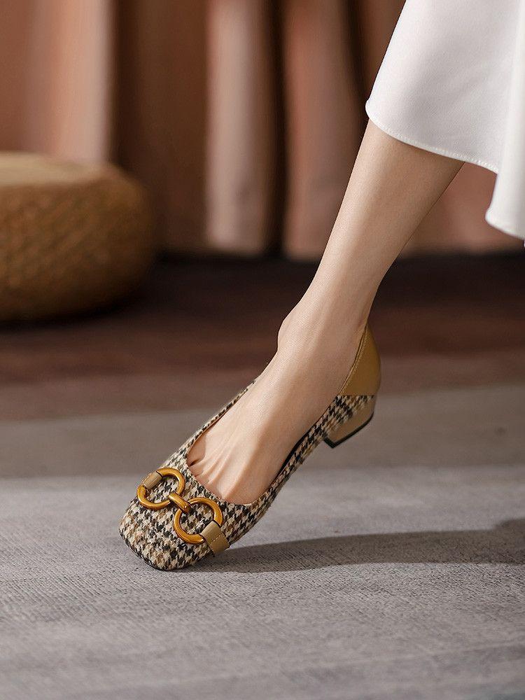 Chidori Plaid Cloth Thick with Square Head Single Shoes Female Metal Buckle Leather Comfortable and Versatile High Heel Women's Shoes Beans Shoes