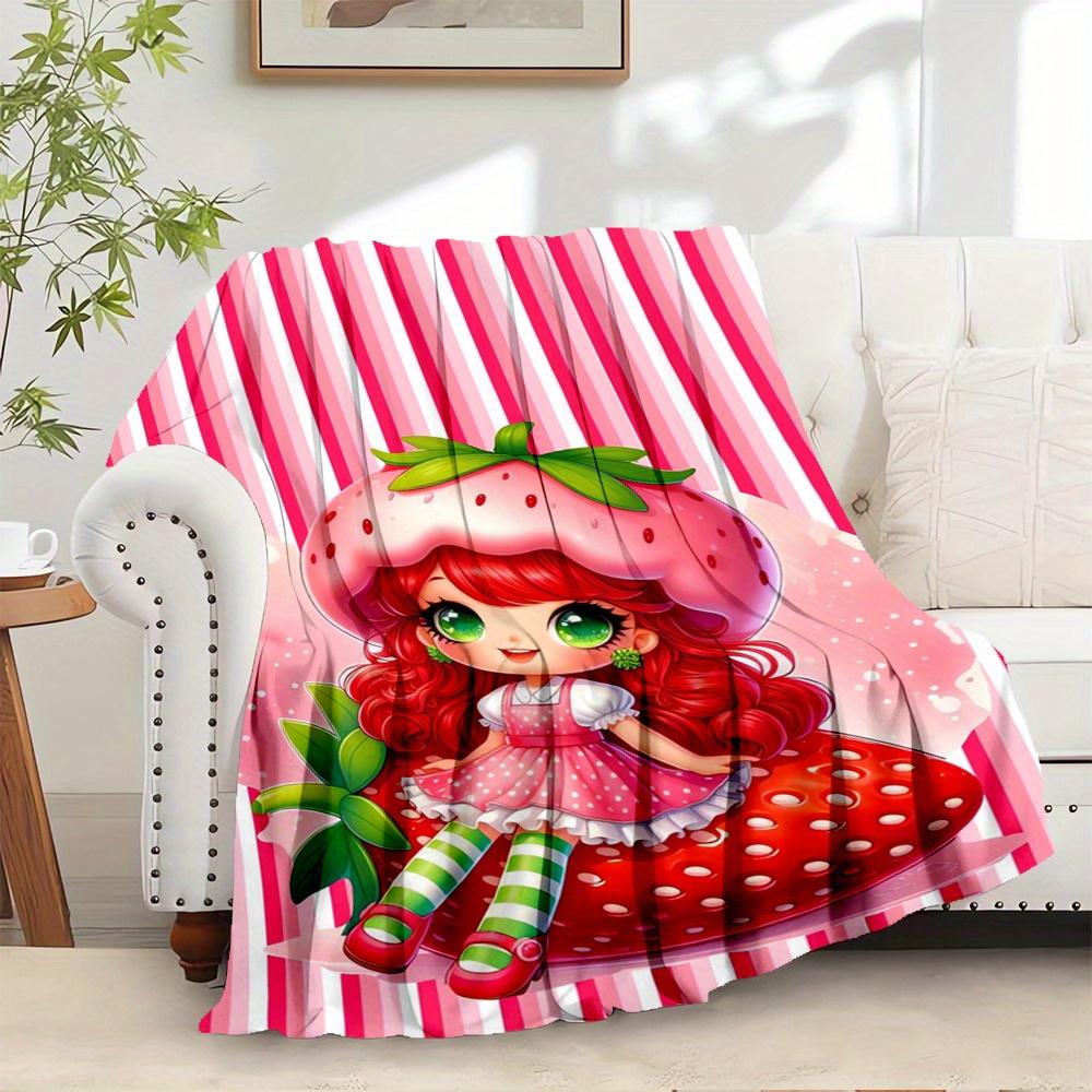 1 Stück Erdbeer-Biskuitkuchen, Niedlich, Cartoon-Digitaldruck-Fleece-Decke - Zeitgenössischer Stil, Geeignet für Alle Jahreszeiten, Perfekt für Zuhause, Reisen,