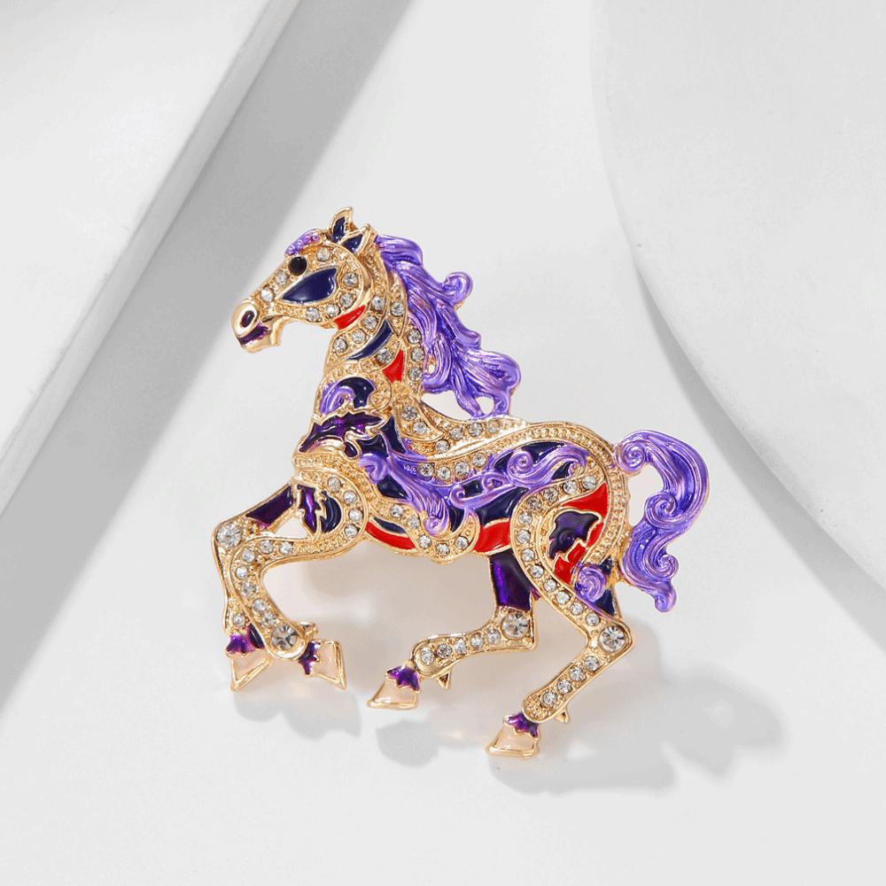 Luxury Enamel Rhinestone Horse Brooch Chinese Style Animal Lapel Pins Zodiac Pin  Friends Gift