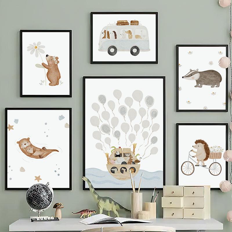Boho Cartoon Bear Hedgehog Car Ship Balloon Posters Art Prints Canvas Painting Wall Pictures For Baby Kids Room Home Decoration