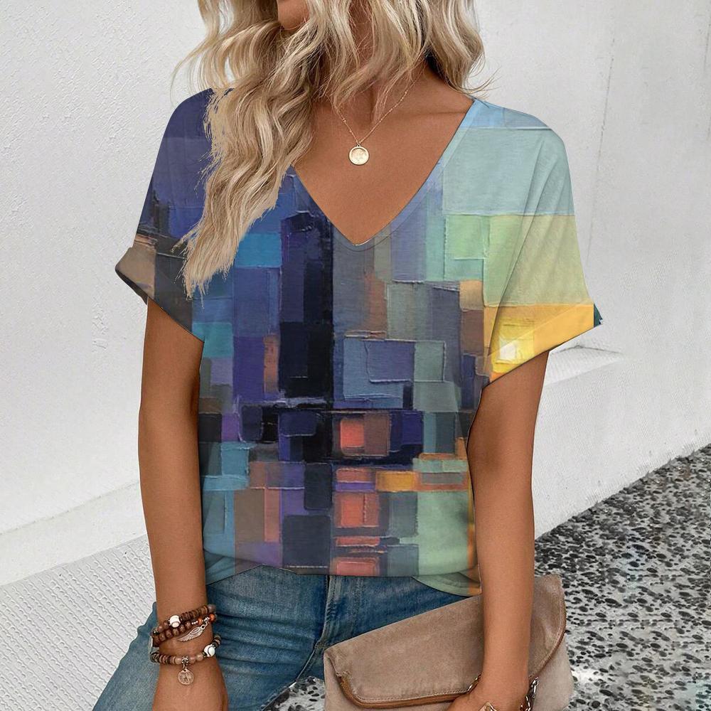 

Женская элегантная футболка с V-образным вырезом, футболка с принтом в виде художественных фигур, модная летняя футболка большого размера с короткими рукавами, футболка для отдыха XL