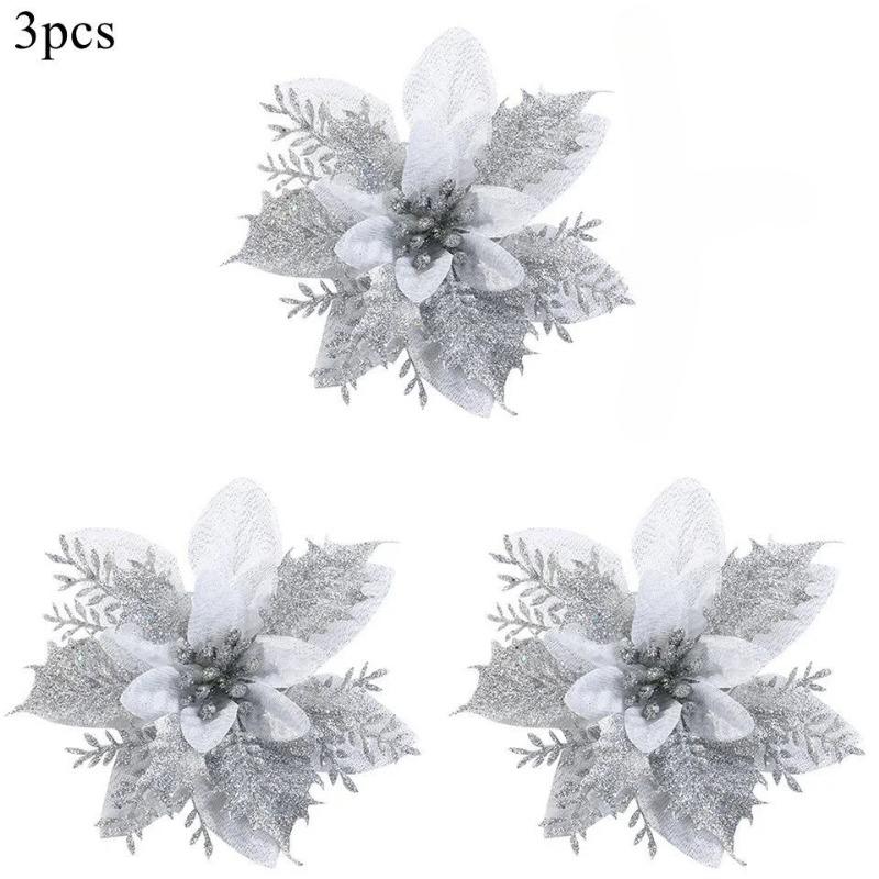1/3/5PCS Christmas Flowers Glitter Artificial Poinsettia Floral Xmas Tree Ornaments DIY Garlands Home Wedding Party Decor