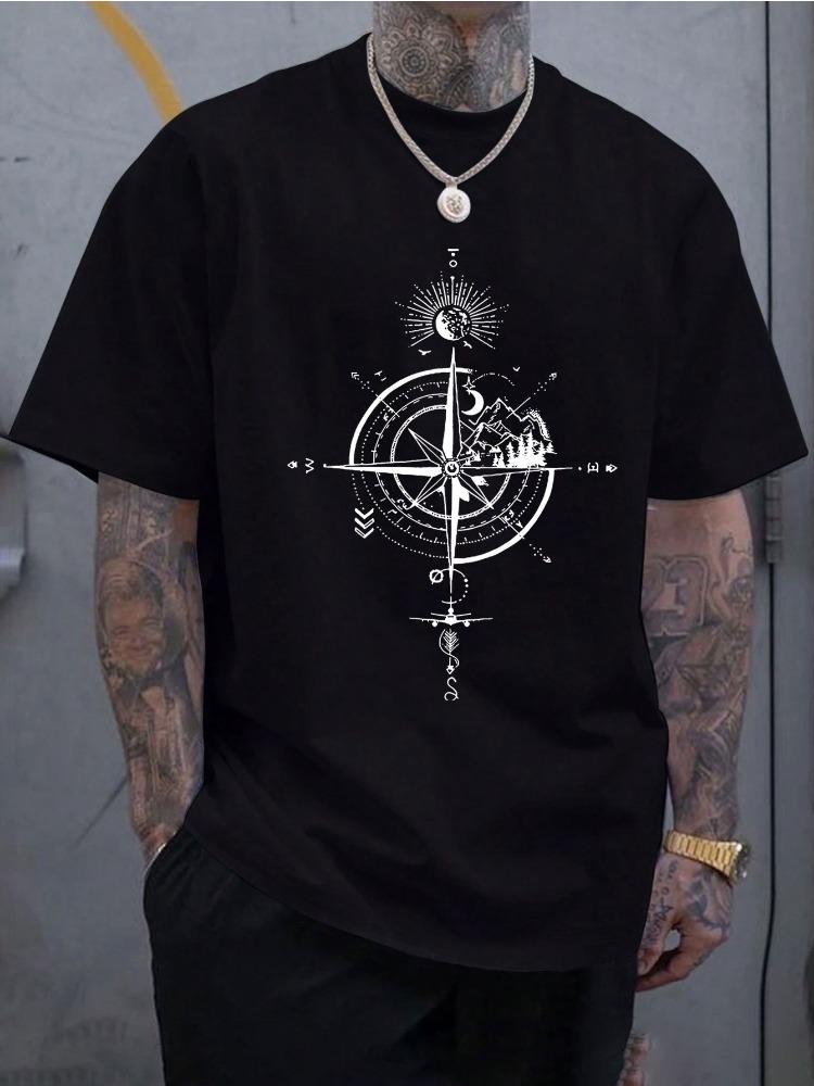 Unisex Summer Cotton Short Sleeve T Shirt Vintage Mountain Sun Moon Compass Print Crew Neck Casual Travel Adventure Street Male Tee